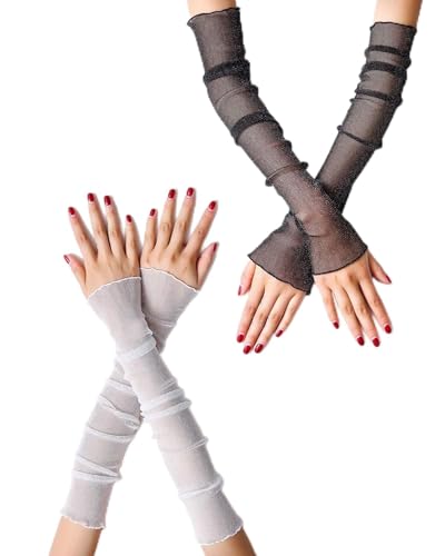 TPZORJX 2 Paar Armstulpen Damen Kühlung Arm Ärmel Lange Ultradünne Fingerlose Ellbogen Sommerhandschuhe Sonnenschutz UV Schutz Kühles Netz Tül Outdoor Sportaktivitäten Fingerlose Armstulpen Party von TPZORJX