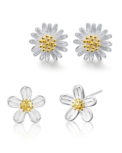 TPZORJX 2 Paar Ohrringe Blumen Silber 925 für Damen - Hypoallergen Gänseblümchen Ohrstecker Kleine Sonnenblume Ohrring, Niedliche Mode Ohrschmuck für Frauen Mädchen Kinder von TPZORJX
