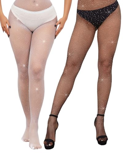 TPZORJX 2 Stück Damen Glitzer Strumpfhose mit Strass, Glitzer Hose Glitzernde Glitzer Netzstrumpfhosen Strass Netzstrumpfhose für Partys, Performances, Tänze, Halloween, Cosplay - schwarz/hautfarben von TPZORJX
