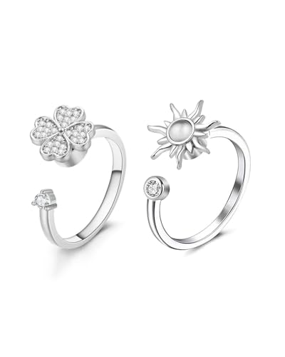 TPZORJX 2 Stück Silber Anxiety Ringe für Damen Männer spinner ring,anxiety ring,Fidget Ring Achtsamkeitsring Angst Ring Mondstein Spinner Ringe Verstellbare Offene Anti Stress Ring für Damen Männer von TPZORJX