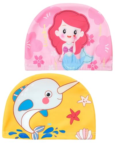 TPZORJX 2 Stück badekappe kinder,Badekappe Mädchen, badekappe mädchen lange haare,Badekappe Kinder im Alter von 2–12 Jahren, Badehaube aus Silikon, wasserdichte Schwimmhaube (Rosa + Gelb) von TPZORJX