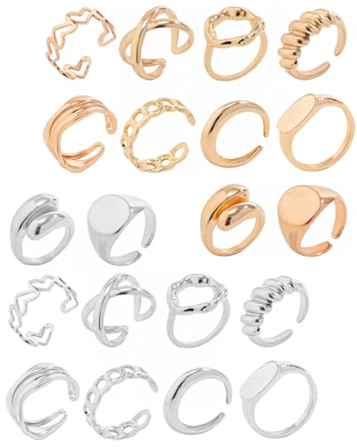 TPZORJX 20 Stück damen schmuck set,gold ringe Silber ringe,Gold Silber Massive Ring-Set 14K Gold Silber Justierbar Offener Endring für Frauen Dicke Kuppel Massive Ringe, für Damen Mädchen von TPZORJX