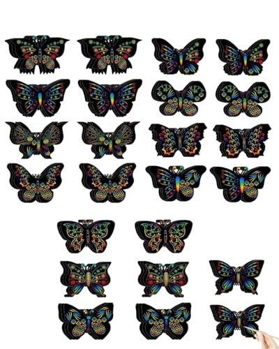 TPZORJX 24 Stück Kratzbilder Schmetterling - Kratzpapier Set Basteln Kratzbilder Scratch Paper Painting Art Kinder Regenbogen Kratzpapier für Kindergeburtstage DIY Geburtstagsfeier von TPZORJX