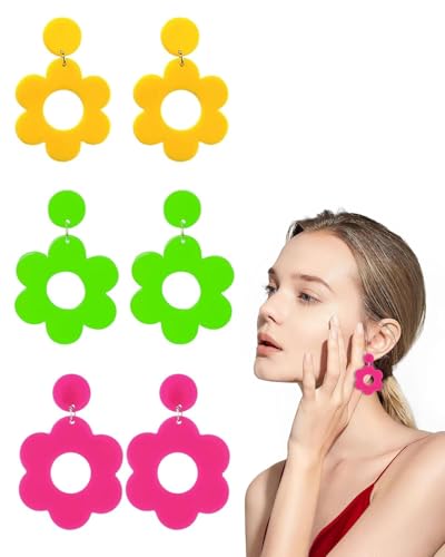 TPZORJX 3 Paare Neon Ohrringe - Blumen Ohrringe Gänseblümchen Earrings Niedliche Hohle Anhänger,Tropfen-Ohrringe Für Damen Und Mädchen,für Frauen Mädchen Party Zubehör von TPZORJX