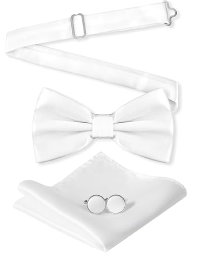 TPZORJX 3 Teiliges Fliege Herren Set - Verstellbare Fliege aus Vorgebunden Fliege, einfarbige Einstecktuch, Manschettenknöpfe Set Für Hochzeit Und Party von TPZORJX