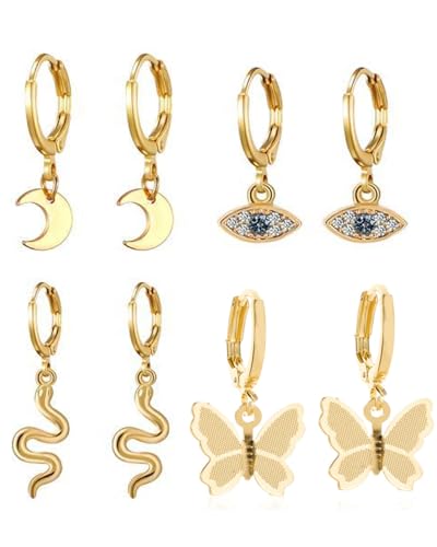 TPZORJX 4 Paar goldene Ohrringe für Frauen,hypoallergene modische Ohrringe mit Mond,Schmetterling,Schlange,Dämonenauge,Gliedern,baumelnde Ohrringe, Multipack Creolenschmuck,für Frauen und Mädchen von TPZORJX