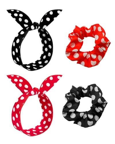 TPZORJX 4 Stück Haarschmuck Stirnbänder Damen - atin Scrunchies Haargummi, Stirnbänder mit Einstellbar Draht, Vintage Haarband in Klassischer Rot und Schwarz(Mit 2 Haargummis) von TPZORJX