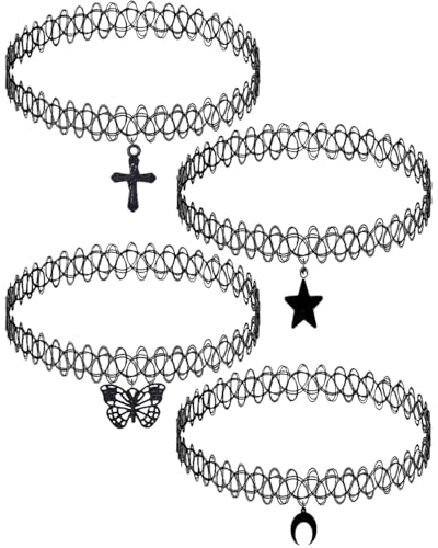TPZORJX 4pcs Stretch halsbänder Schwarz Choker Halskette mit Anhänger Damen Elastische Tattoo Halskette für Mädchen Frauen Teen Geschenk von TPZORJX