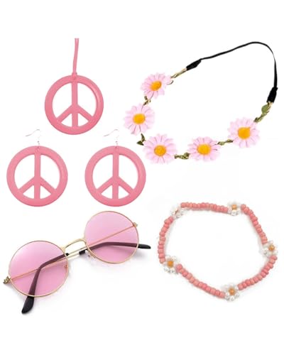 TPZORJX 5 PCS Hippie Kostüm Accessoires, Vintage Zubehör per Costume Hippie mit Brille Friedenszeichen Halskette Ohrringe Stirnband Armbänder Kranz für Damen Herren 70er 80er Jahre Party Karneval von TPZORJX