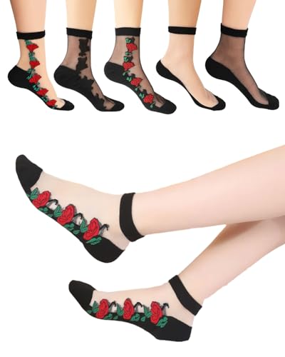 TPZORJX 5 Paar Transparente Socken - Damen Stickerei Spitze Socken Knöchel Vintage durchsichtige Söckchen socks Dünnes Fischnetz Durchsichtige Söckchen für Frauen(Schwarz) von TPZORJX