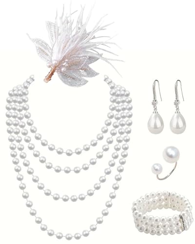 TPZORJX 5 pcs Perlen Schmuck Set,Vintage Imitation Perlen Halsketten Haarnadel mit Perlenfedern Perlenkette Perlen Ketten Modeschmuck Perlenkette für Party Abschlussball Hochzeit Festival Karneval von TPZORJX