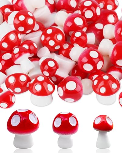 TPZORJX 50pcs Pilz Deko,Gartenpilze Ornamente,Pilz Miniatur Blumentöpfe,Pflanzen Statue Mini Pilz,Pilze Garten Töpfe,Mini Rote Pilze,für Party Puppenhaus Rasen Garten Pilze Deko Kunstgemüse Deko von TPZORJX