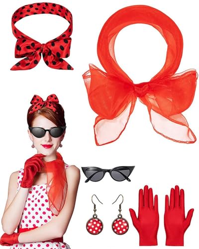 TPZORJX 5Pcs Rockabilly Accessoires Damen, 50er 60er Jahre Kostüm Kleid Damen Zubehör mit Chiffon Schal Polka Dot Stirnband Katzen Auge Brille Ohrstecker Handschuh für Retro Karneval Mottoparty von TPZORJX