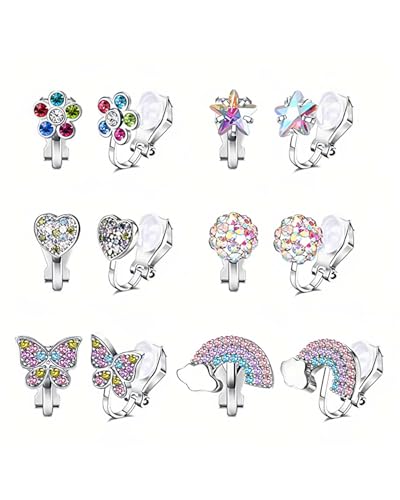 TPZORJX 6 Paar Ohrclips - für Mädchen Clip Ohrringe Kinder ohne Ohrloch Klipp Ohrringe in Herzform Schmetterlings und Blumenmuster für Kinder Mädchen(Silber) von TPZORJX