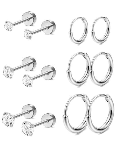 TPZORJX 6 Paar Winzige Ohrstecker Ohrreifen,silber ohrringe,ohrringe chirurgenstahl,Ohrringe set,Ohrstecker Hypoallergen für Herren Mädchen,Ohrringsets für mehrere Piercings Knorpel Kleine Creolen von TPZORJX