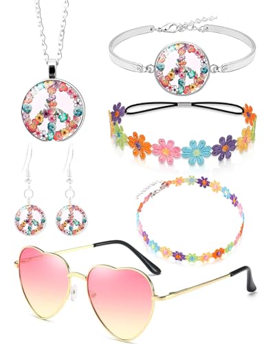 TPZORJX 6pcs Hippie Kostüm Damen Accessoires Set, 70er hippie flower power accessoires, Peace Kette Und Ohrring, mit Sonnenbrille, 60er 70er Jahre Bekleidung, Motto Party Halloween Fasching Karneval von TPZORJX
