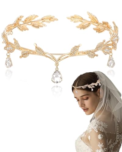 TPZORJX Blatt Hochzeit Tiara Krone, Elfen Kopfschmuck, Tiara Elfe, Feen Kopfschmuck Damen, Elfenkrone Schmuck, Strass Kristall Braut Tiara, Prinzessin Kristall Tiara Headwear für Frauen Mädchen von TPZORJX