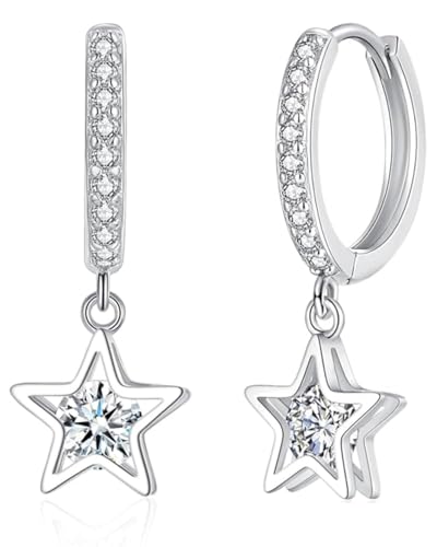 TPZORJX Creolen Silber Ohrringe Hängend,925 Sterling Silber Creolen Ohrringe für Damen,Hypoallergen Hängeohrringe mit Stern Anhänger,Kreolen Ohrringe Ohrhänger mit Zirkonia,mit blauer-rosa Geschenkbox von TPZORJX