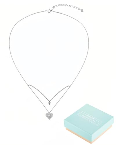 TPZORJX Doppelherz-Anhänger Layering Kette Damen Halskette Damen Kette Silber 925 mit Anhänger Hypoallergene Silberkette Damen Schmuck Geschenke für Frauen, Mit blauer-rosa Geschenkbox von TPZORJX