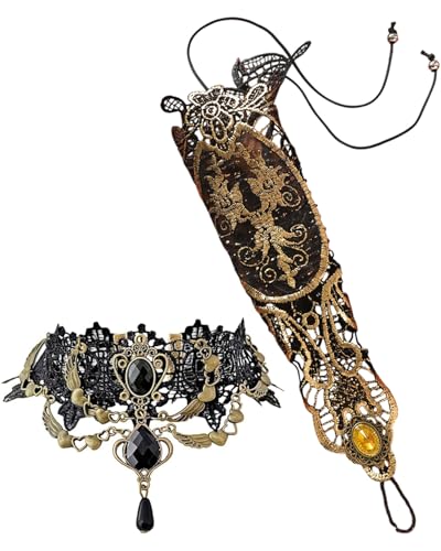 TPZORJX Gothic Handstulpe mit Brosche Spitzenhalskette Victorian Steampunk damen kostüm steampunk,gothic accessoires Handgelenk Cuff Gear Armband für Hochzeit Braut Halloween Fasching Accessoires von TPZORJX