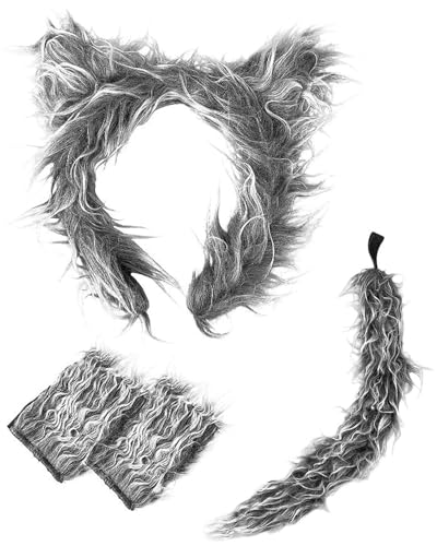 TPZORJX Grau Wolf Kostüm Zubehör Set,Wolf Ohren Stirnband Wolf Schwanz Wolf Halloween Kostüm kostüm wolf für Kinder Erwachsene Werwolf Kostüm Zubehör Furry Kostüm für Halloween Party Cosplay（4 Stück） von TPZORJX