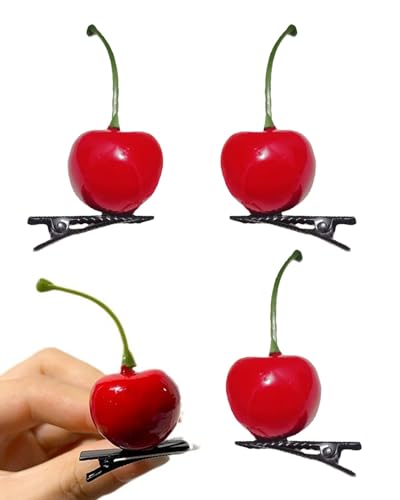 TPZORJX Haarspangen Kirsche Haarklammern + Rot Kirsche Elastische Haargummi Mädchen Damen Süß Obst Haar Accessoires für Fasching Karneval Party, 4PCS von TPZORJX