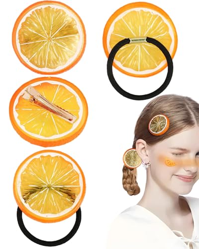 TPZORJX Haarspangen Orange Haarklammern + Orangenscheiben Elastische Haargummi Mädchen Damen Süß Obst Haar Accessoires für Fasching Karneval Party, 4PCS von TPZORJX