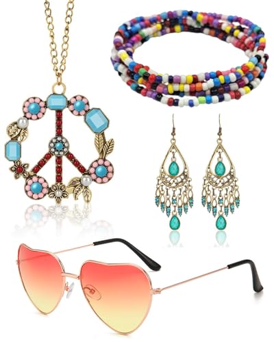 TPZORJX Hippie Kostüm Damen Accessoires,4 pcs Flower Power Accessoires,Jahre accessoires,Bohemien Hippie Accessoires,Hippie Kleidung Damen Zubehör,70er Jahre Bekleidung Damen,Peace Kette,Hippie Brille von TPZORJX