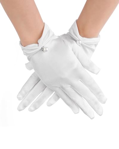 TPZORJX Kurze Satin Handschuhe, Weiße Braut Handschuhe Damen Elegant Brauthandschuhe Blumenhandgelenk Spitzenhandschuhe Höflichkeits Sommer Hochzeits Oper Dinner Handschuhe von TPZORJX