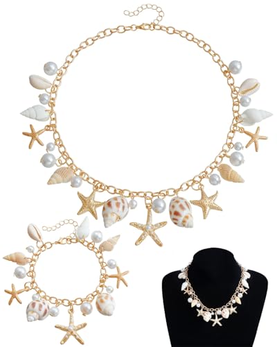 TPZORJX Meerjungfrau Kostüm Schmuck Set,damen schmuck,accessoires karneval,Meerjungfrau Kostüm Zubehör Seestern Muschel Halskette Armband Perlen Seestern Haarspange Ohrringe Strandschmuck für Karneval von TPZORJX