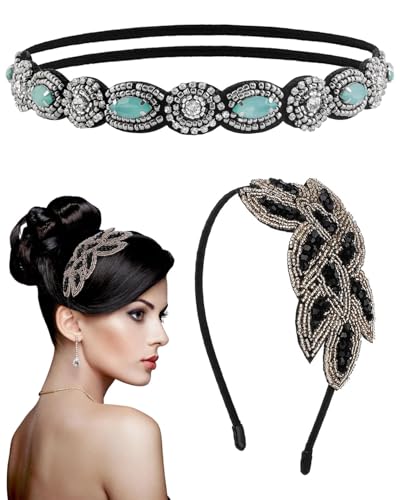 TPZORJX Mode Stirnbänder für Frauen,2 Stück 2 Stil 20er jahre Haarreife Flapper Stirnbänder Damen Haarbänder Blatt Perlen Haarschmuck Vintage Kopfschmuck Accessoires für 20er Jahre Stil Kleid Kostüm von TPZORJX