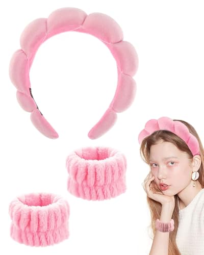 TPZORJX Schwamm Stirnband Armband Sets zum Waschen von Gesicht Make-up Stirnbänder für Frauen Mädchen Hautpflege Entfernung Spa Yoga Sport Dusche Kopfband Frottee Handtuch Stoff Haarband - Rosa von TPZORJX