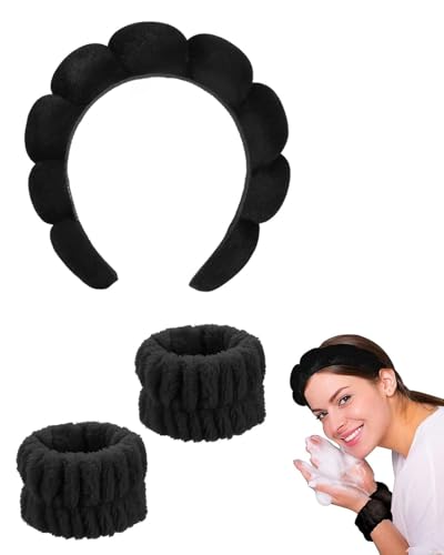 TPZORJX Schwamm Stirnband Armband Sets zum Waschen von Gesicht Make-up Stirnbänder für Frauen Mädchen Hautpflege Entfernung Spa Yoga Sport Dusche Kopfband Frottee Handtuch Stoff Haarband - Schwarz von TPZORJX