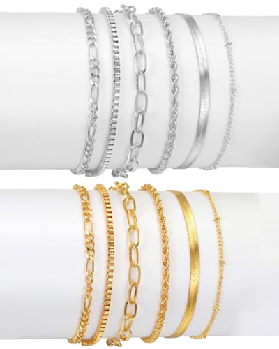 TPZORJX armbänder damen,12Pcs Armband Damen Edelstahl Ketten Armbänder Set 14K Vergoldet Armbander Twist Schlange Armkette Damen CZ Verstellbar Armband Set Charm Armband Silber gold Armband für Frauen von TPZORJX