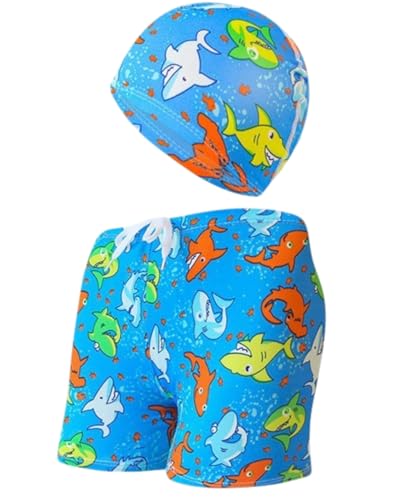 TPZORJX Jungen Badehose Mit 1 Badekappe, 1-10 Jahre Kinder Bademode Kleinkind Kinder niedliche Hai-Muster Shorts (100–120 cm) von TPZORJX