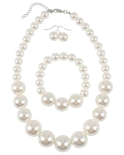 TPZORJX perlenkette damen,Große Perlen Schmuck Set Nachgemachte Perlenkette Armband Ohrstecker Damen Halskette perlenkette fasching Statement Perlenarmband Perlen Ohrringen für Hochzeit Events Party von TPZORJX