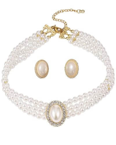 TPZORJX perlenschmuck,perlen schmuckset damen, choker perlen，Perlen ohrringe，perlenkette dame Mehrreihige Perlenkette Damen Hochzeits 3 reihig Perlen Choker Weiß Mehrschichtige Halskette Set Schmuck von TPZORJX