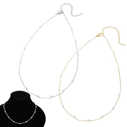 Collier, 2 Stück Perlen Kette Damen Frauen Silber Halskette Silberkette Goldkette Perlenkette Choker Kette Gold Halskette Kette Süßwasserperlen Halskette Frauen Geschenke Schmuck Damen von TQPUWT