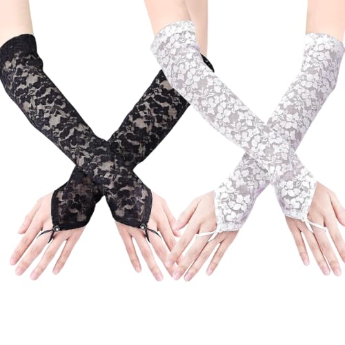Lange Spitzenhandschuhe, 2 Paar Damen Spitze Satin Braut Party Fingerlose Handschuhe, Frauen Blumenspitze Armstulpen Spitze Armstulpen, Damen Lange Spitze Opernhandschuhe Satin von TQPUWT