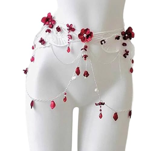 Leichter Taillengürtel aus Legierung mit abnehmbaren roten Blumen-Spitzen-Fransen, geeignet für Partys und den täglichen Gebrauch, zweifarbiges Festival-Taillenzubehör von TQUXNGA