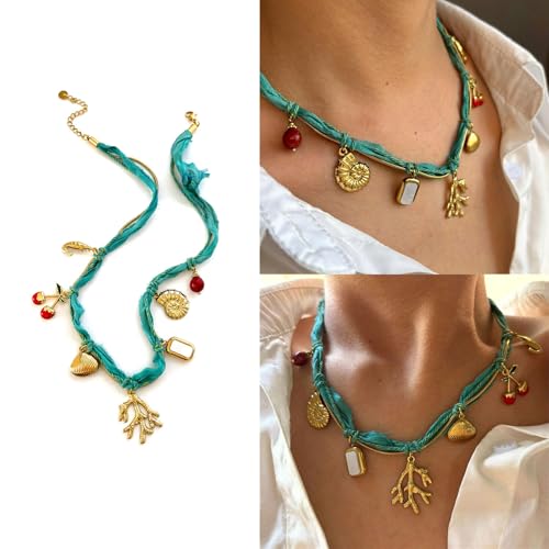 TQUXNGA Leichte stapelbare Halskette aus Stoff mit Muschelfrucht-Anhänger, verstellbarer Strandschmuck für Urlaub, Stoffschmuck von TQUXNGA