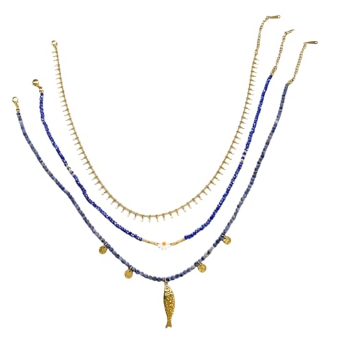 TQUXNGA Mehrreihiger Schmuck, modernes Accessoire, Edelstahl-Halskette, Fisch- und Muschel-Themen, blaue Stein-Details, Unisex, Strand-inspiriertes Schlüsselbein-Schmuck von TQUXNGA