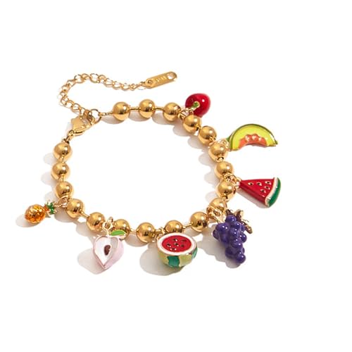 TQUXNGA Stilvolle, mehrschichtige Obst-Charm-Kette mit Wassermelonen-Ananas-Kirschen-Designs für lässige Outfits, Obst-Themen-Halskette, Einheitsgröße, Wie beschrieben, Wie beschrieben von TQUXNGA