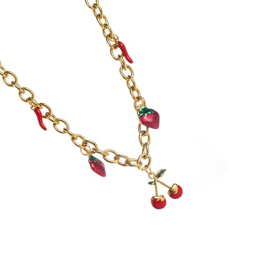 TQUXNGA Stilvolle Halskette mit Anhänger aus Stahl, Kirschen und Erdbeere, verstellbare Kette, leichtes Design für den täglichen Gebrauch, modische Schlüsselbeinkette, Einheitsgröße, Wie beschrieben von TQUXNGA