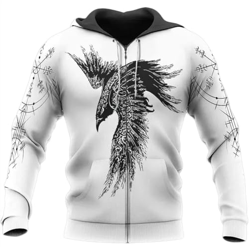 Herren Damen Wikinger Raben Kapuzenpullover Mit Reißverschluss – Nordische Mythologie Vegvisir Odin Krähe Graffiti Pullover – Unisex Wintermode Kapuzenpullover Langärmelige Jacken von TQWSVUM