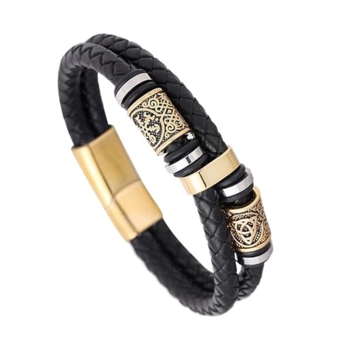 Herren Viking Vegvisir Perlen Lederarmband - Edelstahl Keltischer Knoten Kompass Perle Geflochtene Wickelmanschette Wirstband - Nordischer Vintage Doppelreihiger Perlenarmreifenschmuck ( Color : Gold_ von TQWSVUM