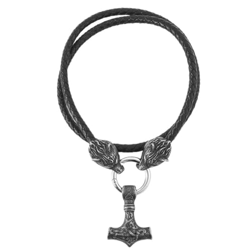 Herren Wikinger Wolf Mjölnir Halskette - Nordic Odin Celtic Knot Thors Hammer Edelstahl Anhänger - Handgefertigtes Geflochtenes Leder Wolfskopfkette Vintage Amulett Pagan Schmuck ( Color : Vintage_60C von TQWSVUM