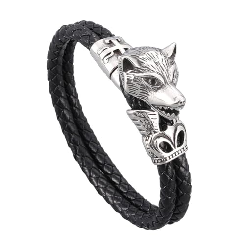 Herren Wikinger Wolfskopf Leder Geflochtenes Armband - Nordischer Edelstahl Odin Wolf Doppellagiges Lederseilarmband - Vintage Gothic Tier Amulett Manschette Armreif Schmuck ( Color : Black_215MM ) von TQWSVUM