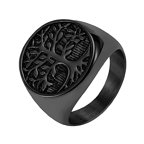TQWSVUM Keltischer Lebensbaum Siegelring Für Herren - Nordische Mythologie Wikinger Yggdrasil Edelstahlring - 18 Karat Vergoldeter Vintage Runder Lebensbaum Ring Schutz Amulett Schmuck(Black_09) von TQWSVUM