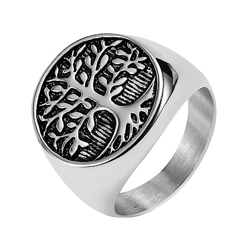 TQWSVUM Keltischer Lebensbaum Siegelring Für Herren - Nordische Mythologie Wikinger Yggdrasil Edelstahlring - 18 Karat Vergoldeter Vintage Runder Lebensbaum Ring Schutz Amulett Schmuck(Silver_12) von TQWSVUM